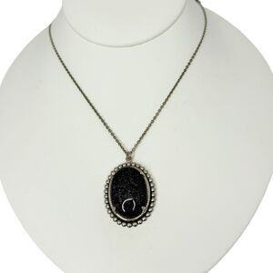 VTG Black Sandstone Pendant Necklace 25" Silver Tone Mourning Jewelry